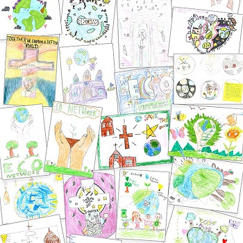 Casgliad o luniau o logos mae plant wedi creu ar gyfer Rhwydwaith Eco Esgobaeth Wrecsam