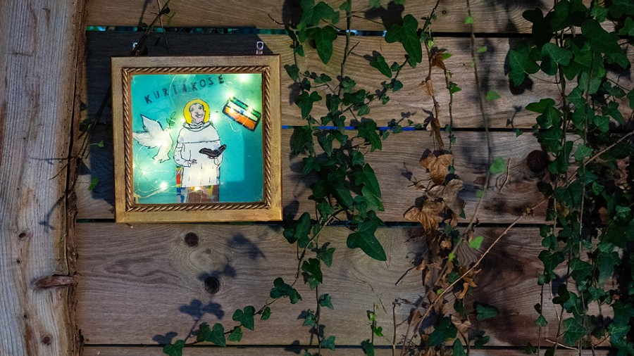 artwork on a wall next to plants