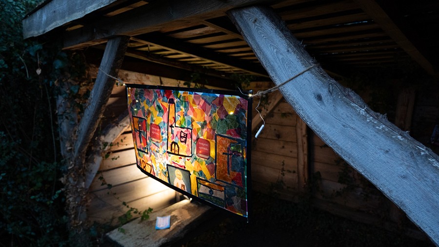 childrens art work hanging up